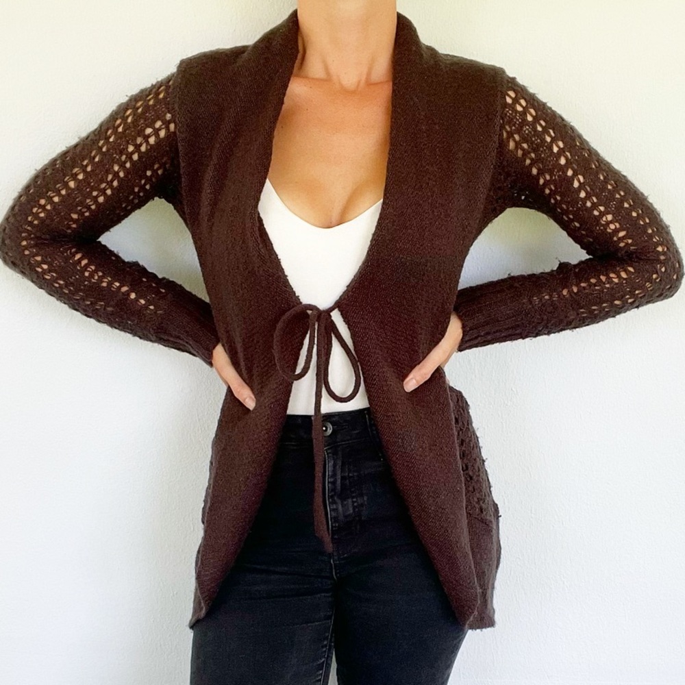 Kirra dark brown open knit long tie front cardigan sweater size small